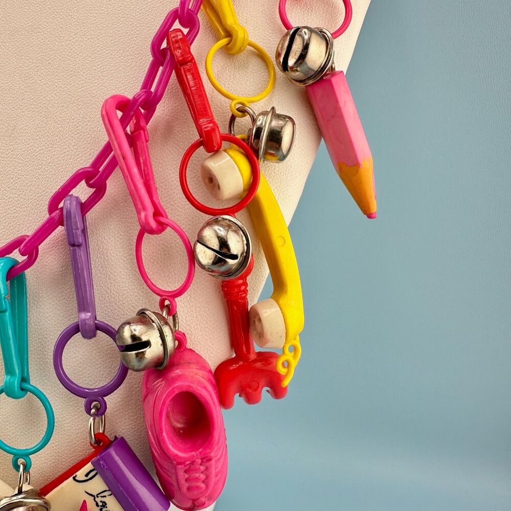 1980s Vintage Bell Clip Charm Necklace 19 Plastic Charms Pink Chain Retro Kid - Picture 6 of 14